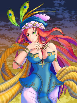 1girl absurdres armlet belladonna_(seiken_densetsu_3) bracelet breasts cleavage dress feathers green_eyes highres isabella_(seiken_densetsu_3) jewelry large_breasts long_hair necklace red_hair seiken_densetsu seiken_densetsu_3 sharp_nails turban