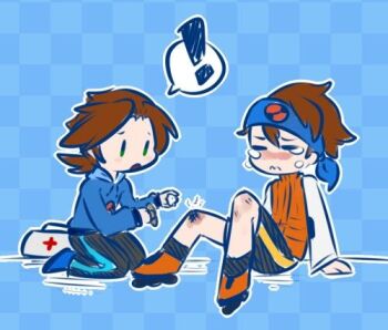 artist_request bandaid bandana bare_legs blush brown_hair capcom child cotton crying emergency_kit hurt injured jacket jakcet knees lan_hikari_(mega_man) lan_hikari_(mega_man) legs mega_man_(series) mega_man_battle_network mega_man_battle_network_(series) megaman.exe pants roller_skates shorts sitting skates sweat tape tears wavy_hair