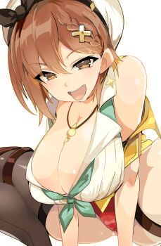 Rule 34 | 1girl, alpha signature, atelier (series), atelier ryza, atelier ryza 2, braid, breasts, brown eyes, brown hair, cleavage, earrings, hair ornament, hairclip, highres, jewelry, large breasts, looking at viewer, naughty face, necklace, oda koziki, open mouth, red shorts, reisalin stout, short hair, short shorts, shorts, simple background, single thighhigh, smile, solo, spread legs, squatting, thighhighs, white background, white headwear