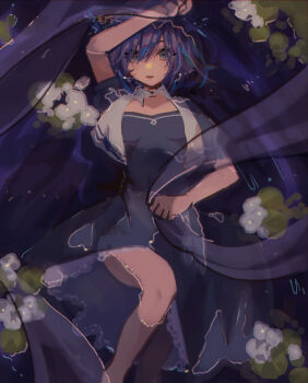 Rule 34 | 1girl, absurdres, blue dress, blue eyes, blue hair, closed mouth, commentary request, dress, expressionless, highres, kaku seiga, knee up, legs, looking at viewer, lying, lying on water, medium hair, on back, shi chimi, short sleeves, solo, thighs, touhou