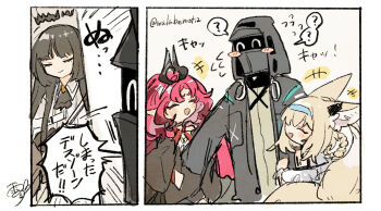 1other 3girls :d ? amaoto_(ame_no_umi) ambiguous_gender animal_ears arknights black_hair blonde_hair blue_hairband braid braided_hair_rings closed_eyes closed_mouth demon_girl demon_horns doctor_(arknights) fox_ears fox_girl fox_tail hair_rings hairband highres horns kitsune kyuubi multiple_girls multiple_tails nymph_(arknights) open_mouth red_hair smile speech_bubble spoken_question_mark suzuran_(arknights) tail translation_request twin_braids virtuosa_(arknights)