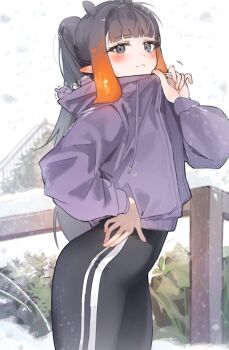 absurdres animal_ears black_hair black_pants blush chocosong commentary_request ear_blush heart highres hololive jacket looking_at_viewer ninomae_ina'nis pants pointy_ears ponytail simple_background takodachi_(ninomae_ina'nis)