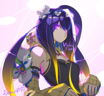 1girl black_tank_top blonde_hair blue_eyes breasts character_name commentary_request detached_sleeves glowing glowing_eyes gradient_hair hair_intakes hair_ornament hino_shinnosuke light_frown long_hair medium_breasts multicolored_hair pink_eyes profile purple_hair purple_nails puzzle_&amp;_dragons ribbed_sleeves signature sleeves_past_wrists solo tank_top upper_body violet_fizz_(p&amp;d)