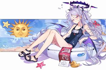 Rule 34 | 1girl, absurdres, ahoge, bare shoulders, beach, black halo, blue archive, blue one-piece swimsuit, breasts, commentary request, demon girl, demon horns, demon wings, halo, highres, hina (blue archive), hina (swimsuit) (blue archive), horns, innertube, long hair, looking at viewer, low wings, multiple horns, name tag, official alternate costume, old school swimsuit, one-piece swimsuit, outdoors, parted bangs, poxiao buff, purple wings, school swimsuit, small breasts, solo, sun with face, swim ring, swimsuit, whistle, whistle around neck, white hair, wings