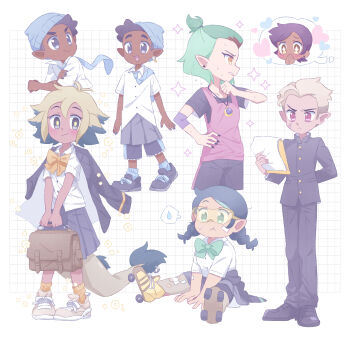 2boys 4girls akasaka_(qv92612) alternate_costume amity_blight bag dark-skinned_female dark-skinned_male dark_skin earrings gakuran gus_porter highres hunter_(the_owl_house) jacket jacket_on_shoulders jewelry luz_noceda multiple_boys multiple_girls pointy_ears roller_skates school_bag school_uniform shoes short_twintails single_earring skates sneakers speech_bubble sweatdrop the_owl_house twintails vee_(the_owl_house) willow_park woollen_cap