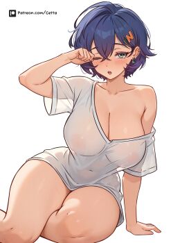 1girl absurdres arm_support belle_(zenless_zone_zero) blue_hair breasts collarbone commentary_request covered_navel crossed_bangs hair_between_eyes hair_ornament highres large_breasts letter_hair_ornament looking_at_viewer naked_shirt open_mouth patreon_username reus_(cetta) rubbing_eyes see-through_clothes see-through_shirt shirt short_hair short_sleeves single_off_shoulder solo thighs white_background white_shirt zenless_zone_zero