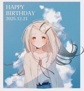 1girl alp5qb belt black_belt blonde_hair blue_shorts blue_sky blush border brown_ribbon camisole closed_mouth clothes_lift cloud collarbone colored_eyelashes commentary_request cumulonimbus_cloud dated earrings film_grain flipped_hair floating_hair gakuen_idolmaster gradient_hair grey_hair happy_birthday highres idolmaster jewelry long_hair long_sleeves looking_at_viewer midriff_peek multicolored_hair open_clothes open_robe orange_eyes ribbon robe rope_belt shinosawa_hiro shirt_lift shorts sky solo stud_earrings upper_body white_border white_camisole white_robe wind