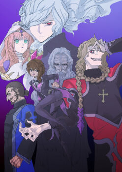 Rule 34 | 2girls, 4boys, abbe faria, absurdres, angelo braga, anjin, ascot, ass, blonde hair, blue eyes, braid, braided ponytail, brown eyes, brown hair, butler, commentary request, concetta (fate), crazy eyes, crazy smile, cross, cross necklace, dark skin, edmond dantes (fate), edmond dantes (monte cristo uniform) (fate), facial hair, fate/grand order, fate (series), fingernails, formal clothes, glasses, hair over one eye, hand on own face, haydee (fate), highres, holding, holding knife, jewelry, knife, long hair, michael roa valdamjong, multiple boys, multiple girls, necklace, old, old man, orange hair, ponytail, priest, red eyes, reverse grip, sharp fingernails, smile, tarantella (fate), vampire, white hair
