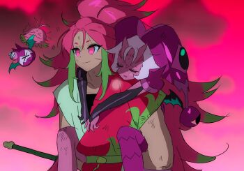 Rule 34 | 1girl, 1other, aqua wings, bare arms, belt, black bridal gauntlets, black gloves, black wings, blurry, blurry background, bridal gauntlets, carrying, closed eyes, closed mouth, collarbone, colored skin, colored tips, cookie run, cookie run: ovenbreak, dark-skinned female, dark skin, dragon wings, elbow gloves, facial scar, fang, feet out of frame, flat chest, floofy fruity, gloves, green belt, green hair, hat, highres, horns, humanization, long hair, looking ahead, lychee dragon cookie, lycheye, mini wings, multicolored hair, no pupils, ohta guk hip, open mouth, piggyback, pink background, pink eyes, pink hair, pink hat, pink skin, rambutan cookie, red shirt, scar, scar on cheek, scar on face, shirt, short hair, short sleeves, sidelocks, simple background, single bridal gauntlet, single glove, skin-covered horns, smile, sweatdrop, two-tone hair, two-tone wings, u u, upper body, v arms, very long hair, white hair, wings