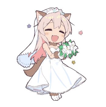 Rule 34 | 1girl, :3, :d, absurdres, animal ear fluff, animal ears, animal feet, animal hands, artist name, bare arms, bare shoulders, blush stickers, bouquet, bridal veil, bride, chibi, chibi only, closed eyes, commentary request, dress, fang, flower, full body, highres, holding, holding bouquet, long hair, matado (almukha), onii-chan wa oshimai!, open mouth, oyama mahiro, pink hair, simple background, smile, solo, strapless, strapless dress, tail, twitter username, veil, wedding dress, white background, white dress