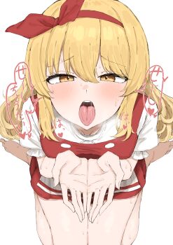 Rule 34 | 1girl, absurdres, blonde hair, blush, ellen (touhou), hairband, highres, kneeling, kumiyabe, long hair, looking at viewer, open mouth, red hairband, simple background, solo, tongue, tongue out, touhou, touhou (pc-98), white background, yellow eyes