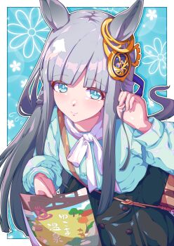1girl animal_ears bag blue_eyes blue_shirt blunt_bangs blush breasts casual chrono_genesis_(casual)_(umamusume) chrono_genesis_(umamusume) closed_mouth flower green_skirt grey_hair hair_between_eyes hair_ornament highres holding horse_ears horse_girl horse_tail kan_lee long_hair long_sleeves looking_at_viewer pamphlet shirt shoulder_bag skirt small_breasts smile solo tail umamusume