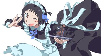 1girl absurdres apron arashiyama_hotori ash_(ash_proc) black_dress black_hair blue_ribbon blush brown_eyes cup dress drinking_glass highres holding holding_plate juliet_sleeves long_sleeves maid maid_apron maid_headdress one_eye_closed open_mouth plate puffy_sleeves ribbon short_hair simple_background soredemo_machi_wa_mawatteiru white_background white_wrist_cuffs wrist_cuffs