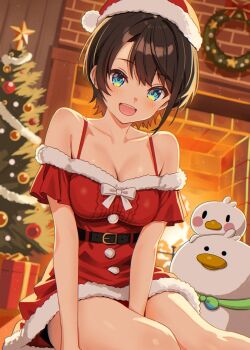 1girl :d alternate_costume aqua_eyes bare_shoulders belt bird box breasts brown_hair christmas_tree cleavage collarbone commentary_request dress duck fire fireplace fur_trim gift gift_box hat highres hololive looking_at_viewer medium_breasts oozora_subaru open_mouth santa_costume santa_dress santa_hat short_hair sitting smile solo subatomo_(big) subatomo_(small) thighs tooo88 virtual_youtuber