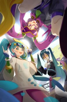 3girls aqua_hair black_hair black_shorts blush breasts collarbone commentary dress eyewear_on_head fingerless_gloves gen_1_pokemon gen_8_pokemon ghost_girl ghost_miku_(project_voltage) gloves green_eyes hair_between_eyes hair_ornament hatsune_miku highres long_hair long_sleeves looking_at_viewer medium_breasts multiple_girls nintendo normal_miku_(project_voltage) official_alternate_costume official_alternate_hairstyle open_mouth pantyhose pikachu poison_miku_(project_voltage) pokemon pokemon_(creature) project_voltage purple_eyes purple_hair purple_pantyhose remirii screen shorts sleeves_past_wrists smile toxtricity twintails very_long_hair vocaloid white_dress wide_sleeves yellow_eyes