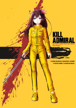 Rule 34 | 1girl, anchor symbol, beatrix kiddo, beatrix kiddo (cosplay), blood, blood splatter, brown hair, commentary, cosplay, english commentary, english text, female focus, full body, highres, holding, holding sword, holding weapon, jacket, kantai collection, katana, kill bill, kisaragi (kancolle), long hair, pants, parody, purple eyes, shoes, sneakers, solo, sword, title parody, wakaura asaho, watermark, weapon, web address, yellow jacket, yellow pants