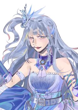 1girl arm_belt arm_ribbon belt belt_buckle black_belt blue_belt blue_bow blue_bowtie blue_choker blue_dress blue_eyes blue_gemstone blue_ribbon bow bow_choker bowtie braid brooch buckle chinese_commentary choker colored_eyelashes commentary_request cowboy_shot dress feather_hair_ornament feathers floating_clothes gem grey_hair hair_ornament hair_ribbon happy headset highres idol infinity_nikki jewelry lipstick long_hair makeup multicolored_eyes multiple_belts nikki_(series) one_eye_closed one_side_up open_mouth pink_lips pleated_dress pointy_nose purple_dress purple_ribbon ribbon sidelocks single_braid smile solo standing starry_nocturne_(infinity_nikki) strapless strapless_dress studded_belt two-tone_dress two-tone_eyes very_long_hair wavy_hair wing_hair_ornament yellow_eyes yijunren29248