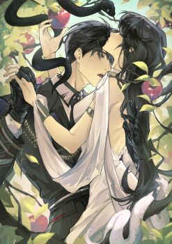 apple backless_dress backless_outfit black_gloves black_hair black_jacket black_necktie black_pants black_snake breasts caleb_(love_and_deepspace) collared_shirt couple dress food fruit gloves hair_between_eyes hetero highres holding holding_food holding_fruit holding_hands in_tree interlocked_fingers jacket long_hair love_and_deepspace medium_breasts necktie open_mouth pants parted_lips protagonist_(love_and_deepspace) shirt short_hair snake tree white_dress white_shirt white_snake yibai0419