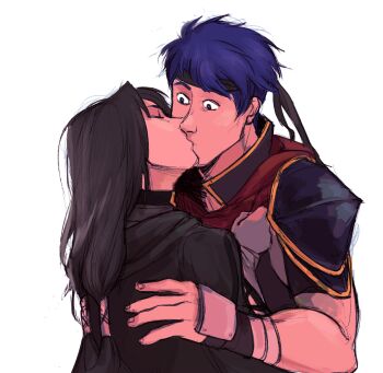 2boys black_hair blue_eyes blue_hair closed_eyes commentary_request fire_emblem fire_emblem:_radiant_dawn headband ike_(fire_emblem) kiss long_hair male_focus multiple_boys nintendo sahrnia short_hair simple_background soren_(fire_emblem) white_background yaoi