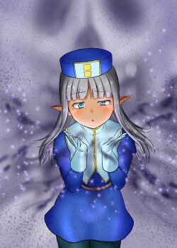 1girl absurdres blue_dress blue_eyes blue_hat blue_pants blunt_bangs dark-skinned_female dark_elf dark_skin dress elf gloves grey_hair half-closed_eye hat highres karla_(kono_healer_mendokusai) kono_healer_mendokusai long_hair looking_at_viewer magic mitre official_art pants pointy_ears solo tannen_ni_hakkou uneven_eyes upper_body white_gloves