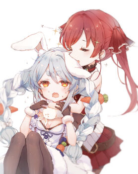 2girls animal_ear_fluff animal_ears biting black_gloves black_pantyhose blue_hair blush braid breasts closed_eyes commentary_request don-chan_(usada_pekora) dress feet_out_of_frame fur-trimmed_gloves fur_trim gloves hair_between_eyes hair_ribbon hands_up highres hololive houshou_marine long_hair multicolored_hair multiple_girls niwako open_mouth pantyhose rabbit_ears rabbit_girl red_hair red_ribbon ribbon simple_background sitting small_breasts sparkle strapless strapless_dress sweat thick_eyebrows twin_braids twintails two-tone_hair usada_pekora virtual_youtuber white_background yellow_eyes yuri