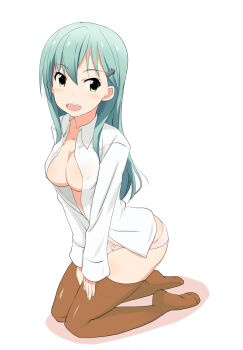 1girl :d blush bow bow_panties breasts brown_thighhighs collarbone collared_shirt commentary_request covered_erect_nipples dress_shirt full_body green_eyes green_hair hair_between_eyes hair_ornament hairclip kantai_collection kneeling kugui_kiyunemu long_hair long_sleeves looking_at_viewer medium_breasts open_clothes open_mouth open_shirt panties pink_bow pink_panties shadow shirt sidelocks simple_background smile solo suzuya_(kancolle) teeth thighhighs underwear upper_teeth_only white_background white_shirt