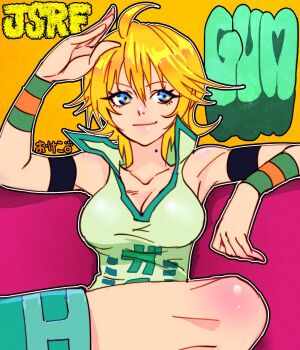 Rule 34 | 1girl, arm up, armband, bare legs, blonde hair, blue eyes, bracelet, breasts, cleavage, clothes writing, collarbone, commentary, copyright request, couch, english text, facing viewer, hair between eyes, jewelry, leaning on object, lips, looking at viewer, mole, okeko, on couch, outline, salute, short hair, simple background, sitting, solo, tank top, upper body