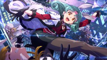 Rule 34 | 5girls, :d, animal ears, black gloves, black skirt, broken glass, brown pantyhose, commentary request, evil smile, game cg, glass, gloves, green hair, ibuki tsubasa, idolmaster, idolmaster (classic), idolmaster million live!, idolmaster million live! theater days, jacket, kicking, looking at viewer, momose rio, multiple girls, official alternate costume, official art, open mouth, orange eyes, pantyhose, partial commentary, pencil skirt, rabbit ears, red jacket, rope, shijou takane, skirt, smile, third-party source, tokoro megumi, tokugawa matsuri, vest, white vest