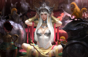 1girl armor breastplate breasts cleavage eyeshadow fantasy female_focus gorget headgear indian_style jewelry kilart long_hair makeup md5_mismatch medium_breasts monkey necklace original pauldrons realistic red_eyes resolution_mismatch shoulder_armor silver_hair sitting solo source_larger sword vambraces weapon