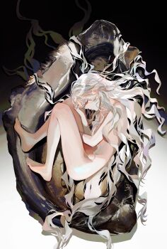 1girl absurdres baocaizi barefoot black_background completely_nude fetal_position from_side full_body gradient_background grey_hair half-closed_eyes highres long_hair nude original parted_lips profile solo very_long_hair wavy_hair white_background