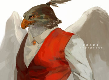 1boy bird_boy brown_feathers brown_wings commentary_request feathered_wings feathers furry furry_male looking_to_the_side male_focus nagabe orange_eyes original ponytail red_vest shirt short_ponytail simple_background solo upper_body vest white_background wings