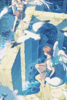 2girls absurdres angel angel_wings balancing barefoot bird brown_hair brown_skirt cat commentary english_commentary english_text feathered_wings foaming_waves highres long_hair medium_hair multiple_girls original pleated_skirt ruins scenery school_uniform seagull serafuku sitting skirt teardrops_(user_vgvd7733) waves white_cat white_wings wings