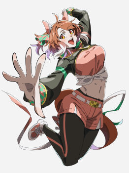 1girl :d absurdres ahoge animal_ears belt black_leggings black_pantyhose black_shrug blush bow breasts brown_eyes brown_hair checkered_ribbon colored_tips dantsu_flame_(center_spotlight)_(umamusume) dantsu_flame_(umamusume) ear_covers ear_ribbon from_side grey_background highres horse_ears horse_girl horse_tail large_breasts leggings leggings_under_shorts legs_up looking_at_viewer midriff multicolored_hair navel ohayonabeno open_mouth pantyhose pink_shoes pink_shorts shirt shoes shorts shrug_(clothing) simple_background smile solo tail teeth tied_shirt umamusume upper_teeth_only white_background white_belt white_hair