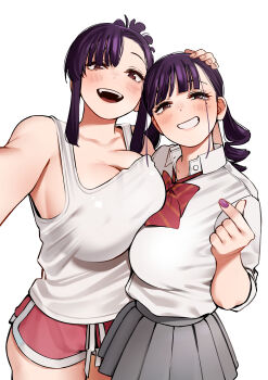 Rule 34 | 2girls, absurdres, asymmetrical docking, blush, bow, breast press, breasts, brown eyes, cleavage, dolphin shorts, drill hair, elder cousin (igarashi kyouhei), finger heart, folded hair, folded ponytail, grey skirt, hair ornament, hairclip, highres, igarashi kyouhei, itoko no onee-chan ni amaechau?, large breasts, looking at viewer, mole, mole under eye, multiple girls, official art, pink shorts, pleated skirt, purple hair, school uniform, shirt, short shorts, shorts, simple background, skirt, smile, standing, tank top, twin drills, white background, white shirt, white tank top, younger cousin (igarashi kyouhei)