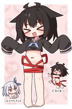 Rule 34 | > <, 2girls, :d, @ @, absurdres, antenna hair, barefoot, black hair, black shirt, blue neckerchief, blush, border, bottomless, brown eyes, chibi, closed eyes, closed mouth, commentary request, cropped shirt, facing viewer, full body, grey hair, hana kazari, hands up, highres, jitome, long sleeves, multiple girls, multiple views, navel, neckerchief, open mouth, original, outline, outside border, pink background, red ribbon, ribbon, sailor collar, shirt, short hair, simulated facial, sleeves past fingers, sleeves past wrists, smile, spiral-only eyes, standing, suggestive fluid, translation request, white border, white outline, white sailor collar, xd