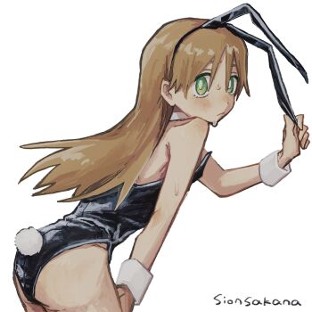 1girl animal_ears artist_name ass black_leotard blonde_hair blush bright_pupils closed_mouth detached_collar fake_animal_ears green_eyes hair_between_eyes hand_on_own_ear highres leaning_forward leotard long_hair original playboy_bunny pulling_own_ear rabbit_ears rabbit_tail simple_background sionsakana solo strapless strapless_leotard sweat tail white_background white_pupils wrist_cuffs