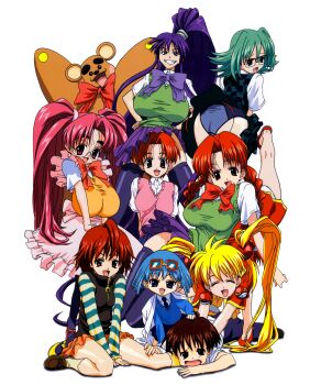 1boy 6+girls ahoge aqua_hair ass black_thighhighs blonde_hair blue_eyes blue_hair braid breasts cardigan cardigan_vest closed_eyes eiken flipped_hair goggles goggles_on_head grace_lin green_cardigan grin hand_on_another's_head harumachi_komoe high_ponytail highres huge_ahoge huge_breasts lab_coat large_breasts loafers long_hair mifune_densuke miniskirt misono_kirika morooka_kyoko multiple_girls non-web_source official_art open_mouth orange_cardigan orange_shirt panties pantyshot pink_cardigan pink_hair pleated_skirt ponytail purple_hair purple_skirt red_eyes red_hair round_eyewear semi-rimless_eyewear sensei_(eiken) shinonome_chiharu shinonome_yuriko shirt shoes short_hair short_sleeves sidelocks simple_background sitting skirt smile striped_sleeves stuffed_animal stuffed_toy teddy_bear thighhighs tororo_(eiken) twin_braids twintails underwear v_arms very_long_hair wariza white_background