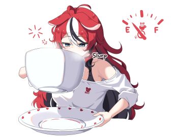 1girl bare_shoulders blue_eyes breasts cafelittle coffee coffee_mug crop_top cup hakos_baelz highres holding holding_cup holding_plate hololive hololive_english long_hair medium_breasts mug oversized_object plate simple_background slurping solo solo_focus squeans upper_body very_long_hair virtual_youtuber white_background