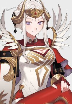 1girl blush breasts cape cleavage cleavage_cutout closed_mouth clothing_cutout crossed_legs dress edelgard_von_hresvelg edelgard_von_hresvelg_(adrestian_emperor) edelgard_von_hresvelg_(adrestian_emperor)_(resplendent) edelgard_von_hresvelg_(timeskip) fake_horns feather_trim feathers fingerless_gloves fire_emblem fire_emblem:_three_houses fire_emblem_heroes gloves hair_ornament headpiece highres horns long_hair looking_at_viewer medium_breasts nintendo official_alternate_costume pantyhose purple_eyes red_cape red_gloves red_pantyhose shamu_(peach11_01) simple_background smile solo white_background white_dress white_hair