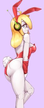 2020 ass bad_tag blonde_hair breasts bunny_girl curly_brace doukutsu_monogatari female female_focus half-closed_eyes highres huge_ass looking_back nickleflick playboy_bunny rabbit_ears rabbit_tail robot robot_girl simple_background wamudraws
