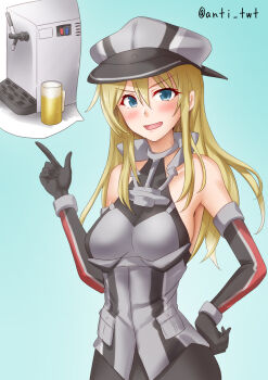 1girl alcohol anchor anchor_hair_ornament anti_(untea9) armor beer beer_crate bismarck_(kancolle) blonde_hair blue_background blue_eyes breastplate breasts brown_gloves cross detached_sleeves german_text gloves gradient_background grey_thighhighs hair_ornament hat highres iron_cross kantai_collection machine medium_breasts military military_hat military_uniform open_mouth peaked_cap smile solo thighhighs