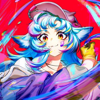 1girl :3 absurdres animal_ears arknights binder_clip bird_ears bird_girl blue_hair brush_stroke commentary_request fangqie_junzhu_bawei_jiang gloves hat highres holding holding_paintbrush jewelry long_hair long_sleeves looking_at_viewer necklace paintbrush pink_hat portrait red_background shirt simple_background solo tippi_(arknights) upper_body white_shirt yellow_eyes yellow_gloves