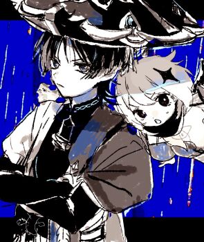 1boy 1girl 6v85jrsk9pm5fuq arms_at_sides black_border blue_background blunt_ends bodysuit border bow bridal_gauntlets cape closed_mouth covered_collarbone crossed_arms diamond_hair_ornament feathers floating furisode genshin_impact greyscale_with_colored_background halo hat japanese_clothes jingasa juban kimono letterboxed levitation long_sleeves looking_at_viewer mandarin_collar mechanical_halo open_clothes open_kimono paimon_(genshin_impact) rain romper sash scaramouche_(genshin_impact) short_hair short_sleeves shoulder_peek sketch sweatdrop tsurime upper_body v-shaped_eyebrows wanderer_(genshin_impact) wispy_bangs