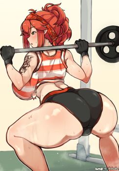 1girl absurdres arm_tattoo ass ass_focus bandana barbell black_legwear breasts buruma crop_top eroblast exercising fingerless_gloves from_behind gloves green_eyes gym half_updo heavy_breathing highres huge_ass huge_breasts kurage_shoukushu long_hair mika(eroblast) mole mole_under_eye muscular muscular_female open_mouth orange_hair orange_shirt pants shirt sleeveless solo sportswear squatting steam steaming_body sweat sweatdrop tattoo thick_thighs thighs tied_shirt tight_clothes tight_pants toned tribal_tattoo umitsuki_(kurage_no_shokushu) weightlifting