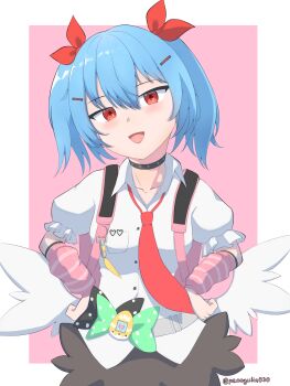 Rule 34 | 1girl, :d, absurdres, black choker, black skirt, blush, breasts, choker, colphne (girls' frontline 2), cosplay, feathered wings, girls' frontline, girls' frontline 2: exilium, hair between eyes, hair ornament, hair ribbon, hairclip, hands on own hips, highres, looking at viewer, medium hair, miniskirt, necktie, open mouth, pennycilin030, red necktie, red ribbon, ribbon, shirt, skirt, small breasts, smile, solo, spiked choker, spikes, sunna (zenless zone zero), sunna (zenless zone zero) (cosplay), white shirt, wings