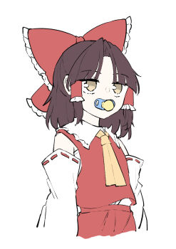 1girl ascot bow brown_eyes brown_hair commentary deetamu detached_sleeves frilled_bow frilled_hair_tubes frills hair_bow hair_tubes hakurei_reimu highres long_hair pacifier red_bow red_skirt ribbon-trimmed_sleeves ribbon_trim simple_background skirt skirt_set solo touhou white_background yellow_ascot
