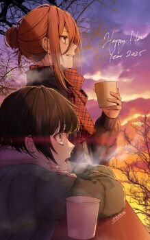 Rule 34 | 2025, 2boys, bachira meguru, black hair, blue lock, chigiri hyoma, commentary request, cup, fingernails, hair bun, happy new year, highres, holding, holding cup, long hair, looking to the side, male focus, multiple boys, new year, open mouth, red eyes, red hair, scarf, short hair, sky, teeth, tsukky, twitter username, upper body, yellow eyes