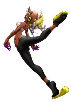 1girl attitude_derriere backbend black_leggings blonde_hair breasts cameltoe chest_sarashi colored_eyelashes colored_inner_hair commentary_request dark-skinned_female dark_skin from_below frye_(splatoon) full_body gradient_hair groin highres jika-tabi koharu2.5 leg_lift leggings long_pointy_ears looking_at_viewer lowleg lowleg_pants medium_breasts multicolored_hair navel nintendo open_mouth pants pointy_ears purple_hair sarashi smile solo splatoon_(series) standing standing_on_one_leg star-shaped_pupils star_(symbol) symbol-shaped_pupils tentacle_hair tiptoes yellow_eyes yellow_pupils