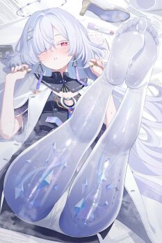 1girl blush breasts breath colored_eyelashes commentary deyui dress feet fingernails grey_hair hair_ornament hair_over_one_eye hair_spread_out halo hands_up highres jacket legs_up long_hair looking_at_viewer lying marker mornye_(wuthering_waves) on_back paid_reward_available panties paper parted_lips purple_dress red_eyes see-through_body shoes small_breasts soles solo sweat tacet_mark_(wuthering_waves) toes underwear unworn_shoes very_long_hair white_jacket white_panties wuthering_waves