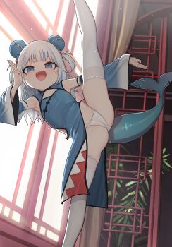 1girl :d armpits blue_borscht blue_eyes china_dress chinese_clothes detached_sleeves dress female_focus fins fish_tail flat_chest gawr_gura grey_hair highres hololive hololive_english legs loli looking_at_viewer medium_hair multicolored_hair open_mouth panties shark_girl shark_tail sharp_teeth smile solo split standing standing_on_one_leg standing_split streaked_hair tail teeth thighhighs two_side_up underwear virtual_youtuber white_panties white_thighhighs
